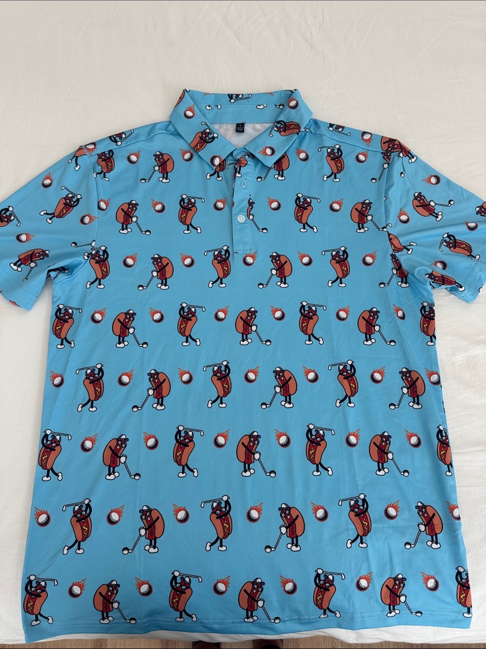 Men's Light Blue Golf Polo with hot dog Pattern